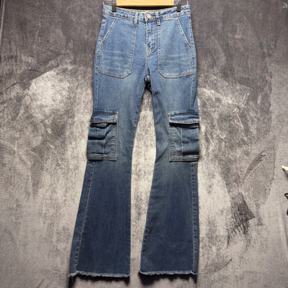 Indigo Rein Cargo Jeans Blue Flare 26x32.5 High Rise Cargo Denim